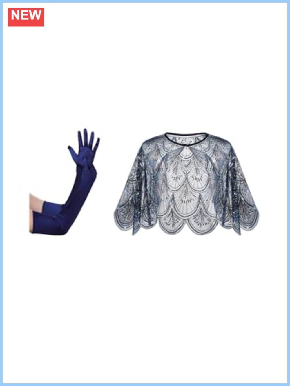 1920s Satin Elbow Gloves & Sequin Beaded Shawl Wrap Set for Gatsby Party